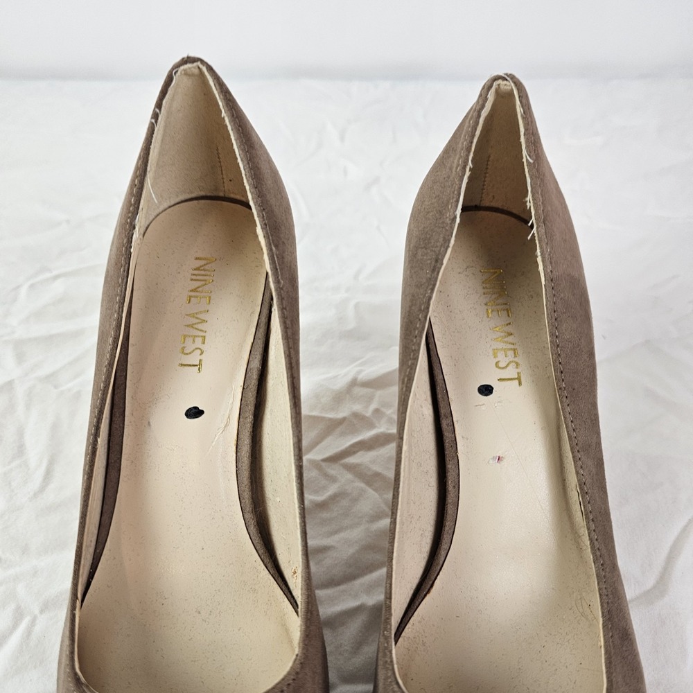 NINE WEST SUEDE Beige Brown Heels Pumps Size 5 1/2 5.5 Lace Up Pointed Toe Heels - Picture 2 of 10